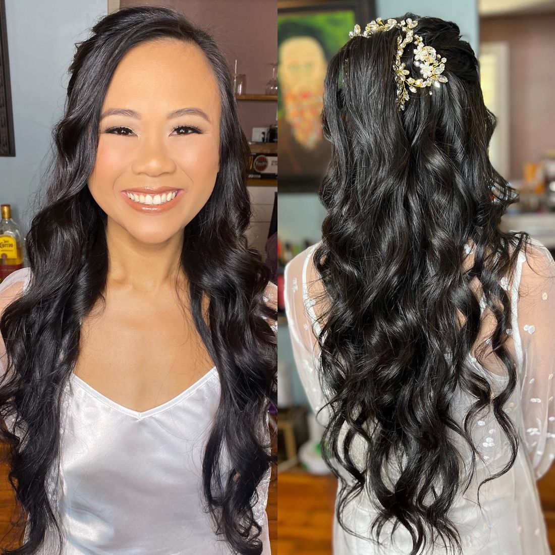 Bride with glowing makeup and long waves with a gold hairpiece, front and back